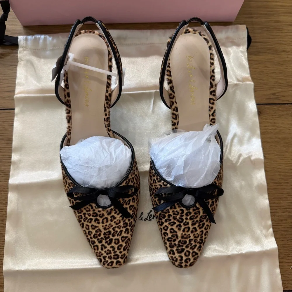 For Love & Lemons Lyana Leopard Print Slingback Kitten Heels Bow Pointed Toe 37